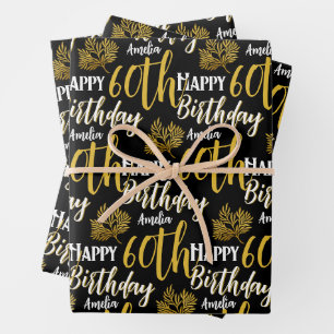 Elegantes Happy 60. Geburtstag Schwarz Gold Laub Geschenkpapier Set