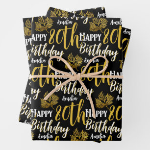 Elegantes Happy 80. Geburtstag Schwarz Gold Laub Geschenkpapier Set