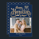 Elegantes Happy Hanukkah Navy Blue and Gold Foto Feiertagskarte<br><div class="desc">Elegante Happy Hanukkah Navy Blue and Gold Foto Holiday Card</div>