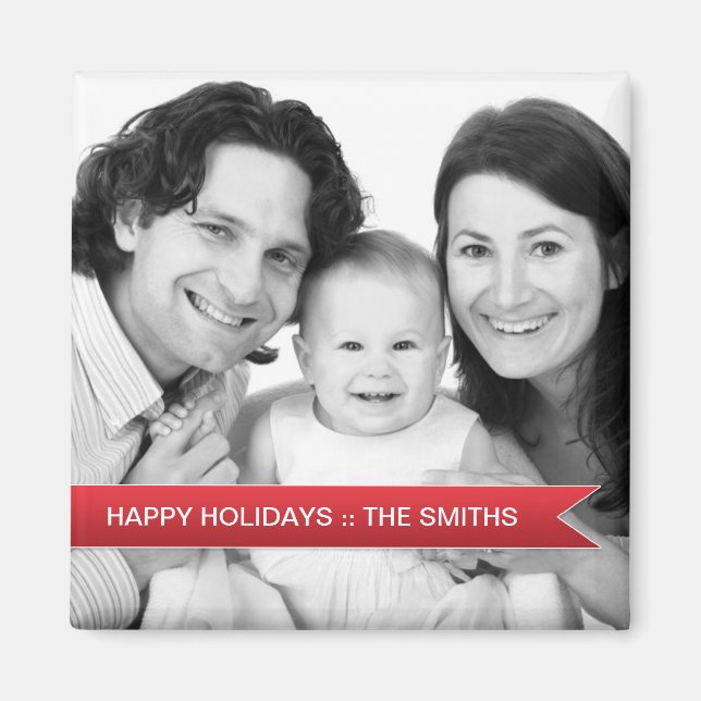 Elegantes Happy Holidays Red Ribbon Family Foto Magnet (Vorne)