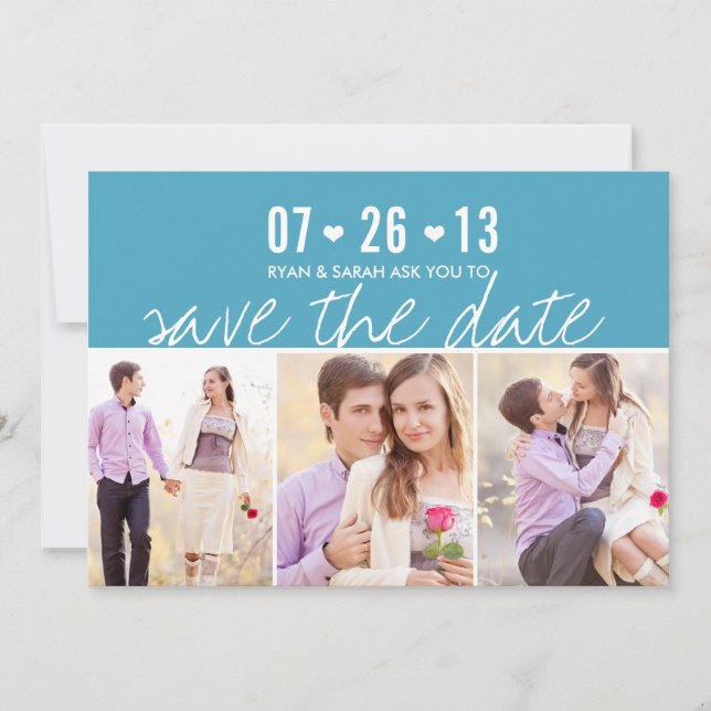Elegantes Heart Blue Save the Data mit Fotos Date (Vorderseite)