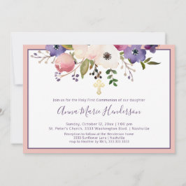 Elegantes Heiliges Erstes Kommunion Rosa und Lila Einladung