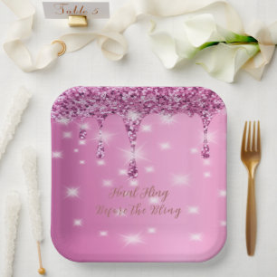 Elegantes heißes rosa Glitter-Drip-Junggesellinnen Pappteller