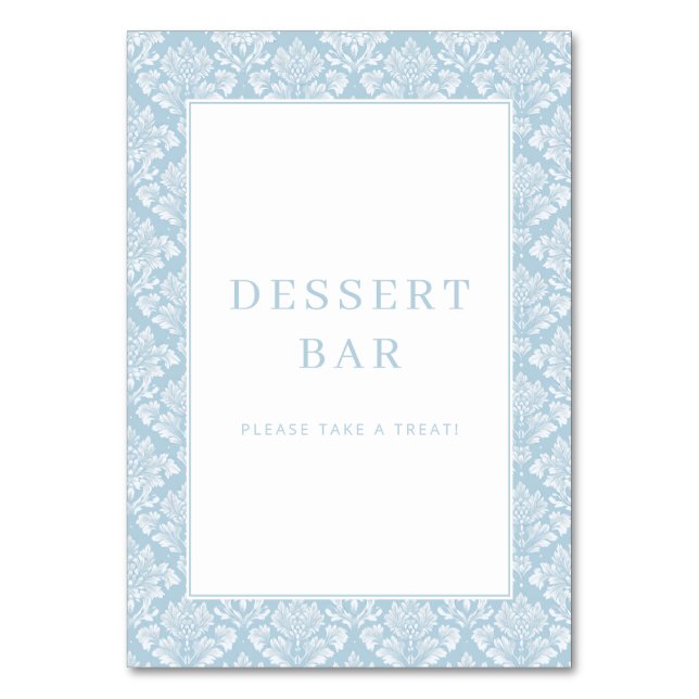 Elegantes Hellblaues Damast Dessertbar-Schild Tischnummer (Vorderseite)