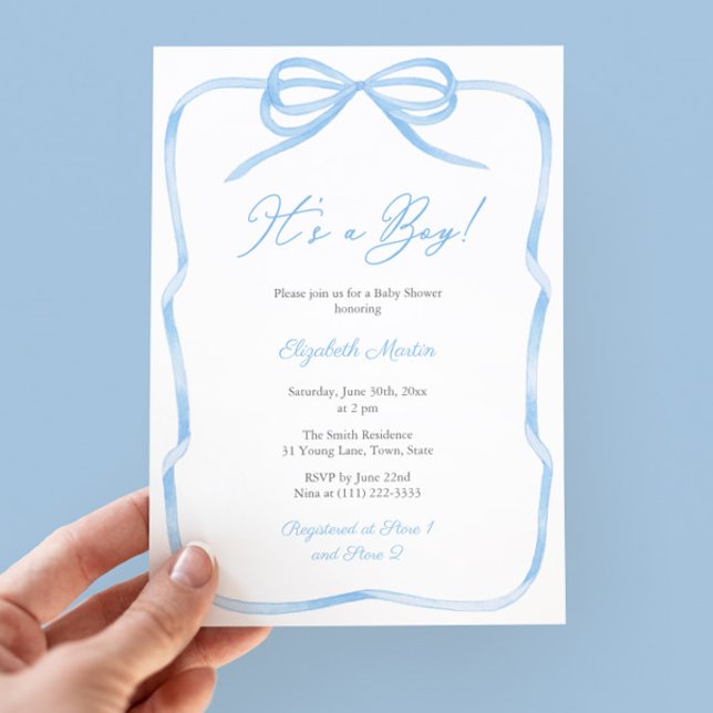 Elegantes, hellblaues Party mit einem Baby-Duschko Einladung (It's A Boy! Classic blue and white baby shower party invitation featuring a watercolor ribbon bow)
