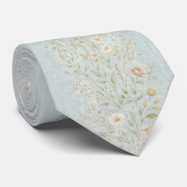 Elegantes hellblaues vintage-botanisches Design  Krawatte (Gerollt)