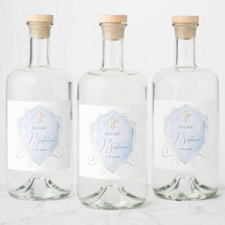 Elegantes helles blaues Wasserfarben Wappen Taufe Alkoholflaschenetikett