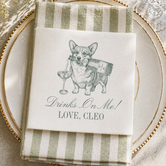 Elegantes Hellgrün Corgi Champagner Hochzeit Serviette (Preppy Sage Green Corgi Champagne Wedding Napkins)