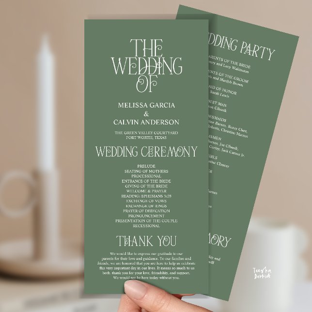 Elegantes Hellgrün-Typography-Hochzeitsprogramm Programm (Sage Green Typography Modern Romantic Wedding Program Card)