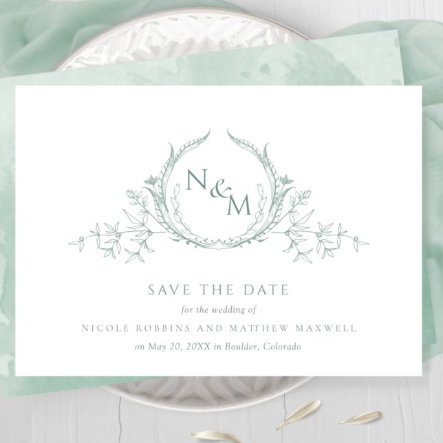 Elegantes, hellgrünes Aquarellfarbenmonogramm Save The Date (Von Creator hochgeladen)