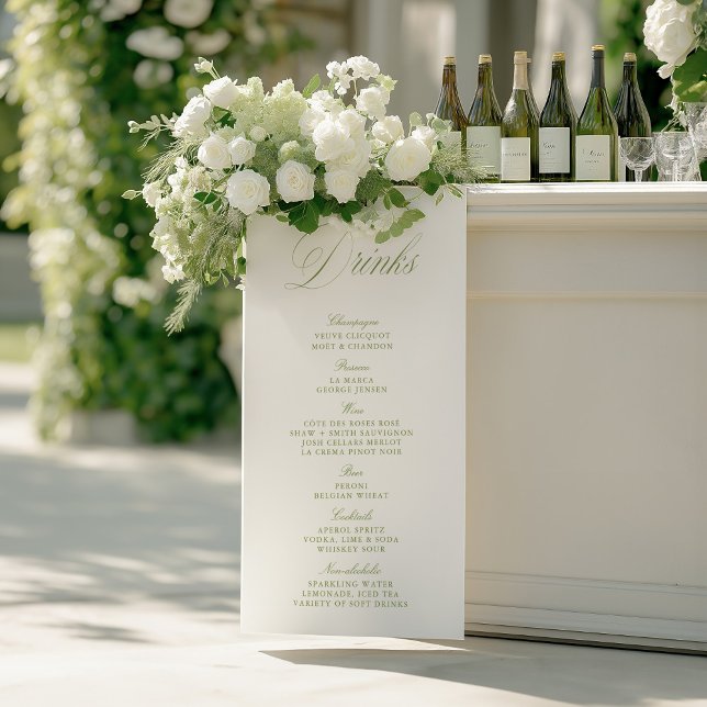 Elegantes Hellgrünes Hochzeitsgetränke-Bar-Menü Pa Poster (Elegant Sage Green Wedding Drinks Bar Menu)