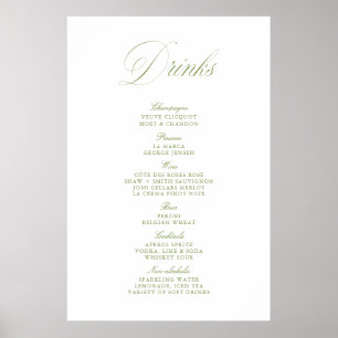 Elegantes Hellgrünes Hochzeitsgetränke-Bar-Menü Pa Poster