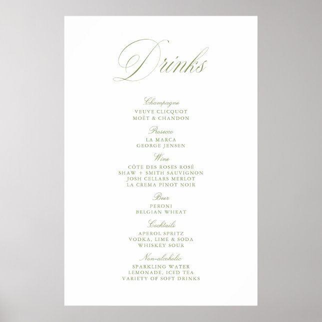 Elegantes Hellgrünes Hochzeitsgetränke-Bar-Menü Pa Poster (Vorne)