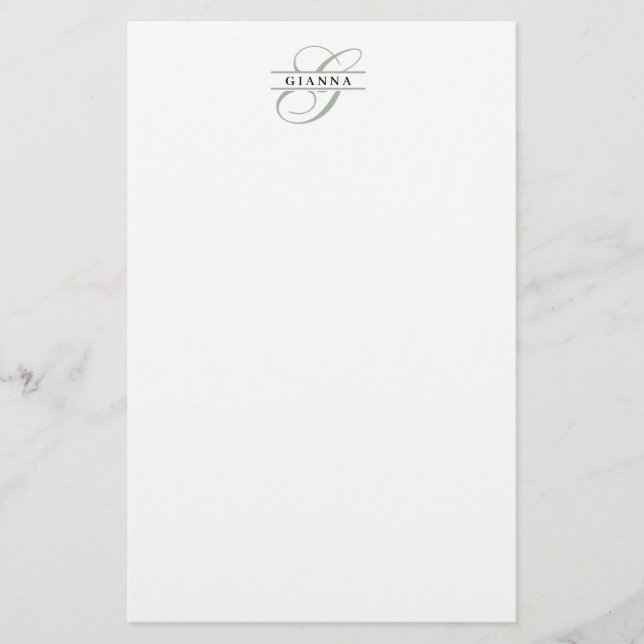 Elegantes hellgrünes Kalligrafie-Monogramm geteilt Briefpapier (Vorderseite)