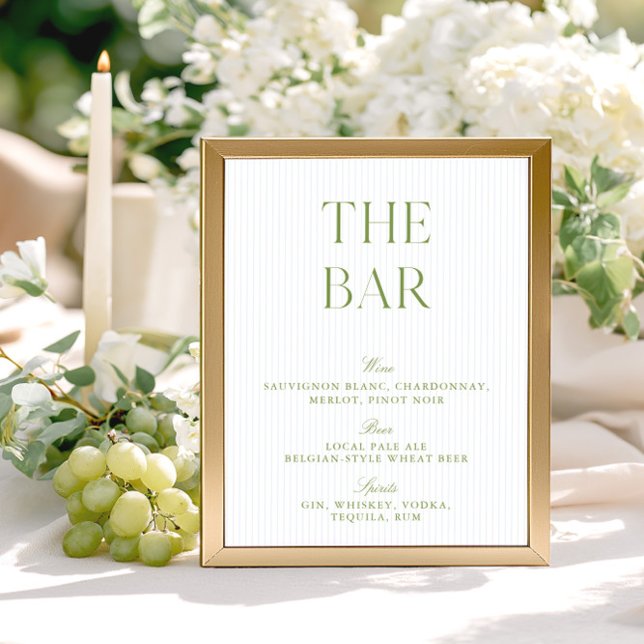 Elegantes hellgrünes und blau gestreiftes Hochzeit (Elegant Sage Green & Blue Striped Wedding Bar Sign)