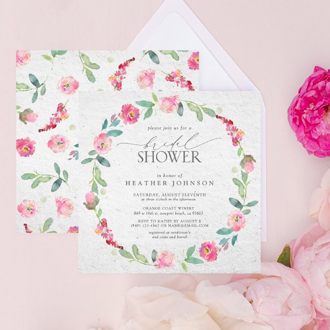 Elegantes, hellrosa Brautparty mit Blumenkranz Einladung (Bridal Shower Invitation!)