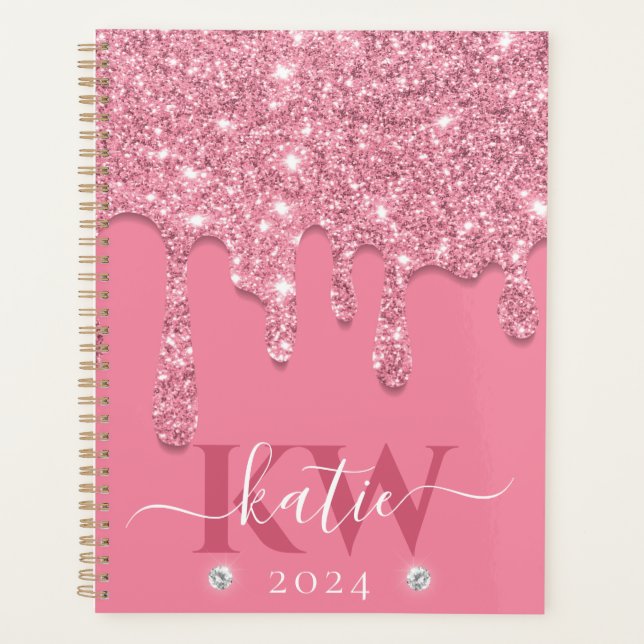 Elegantes hellrosa Dripping Glitzer Monogram Planer (Vorderseite)
