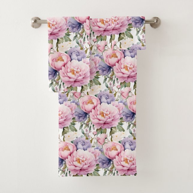 Elegantes hellrosa Peonies Rose Blumenhandtuch Set (Insitu)