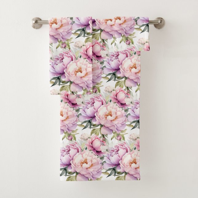 Elegantes hellrosa Peonies Rose Blumenhandtuch Set (Insitu)