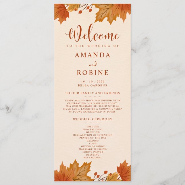 Elegantes Herbst-Ahornblätter-Hochzeitsprogramm Programm (Vorderseite)
