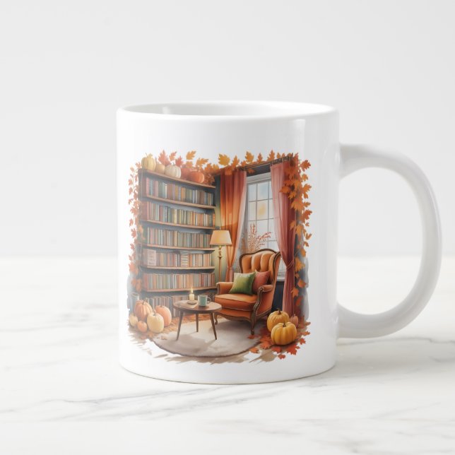 Elegantes Herbst-Bücherregal-Mug — Cozy Curtain Jumbo-Tasse (Rechts)