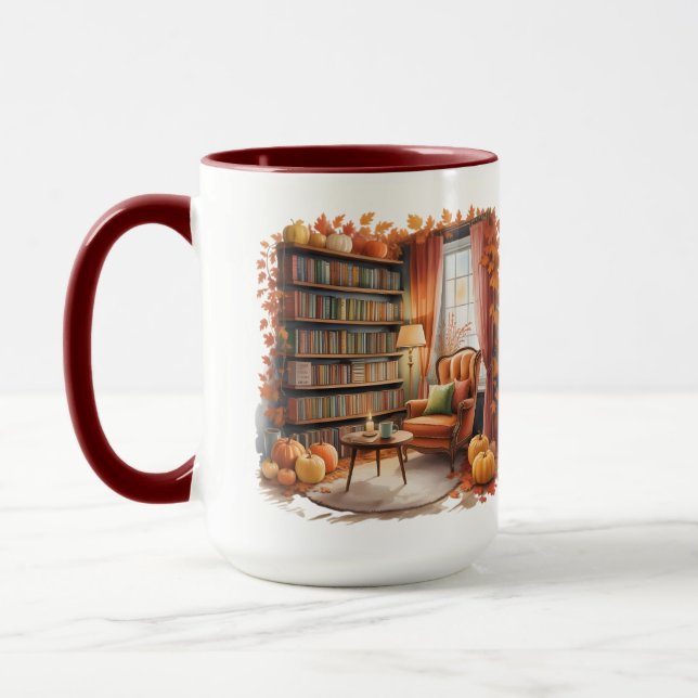 Elegantes Herbst-Bücherregal-Mug — Cozy Curtain Tasse (Links)