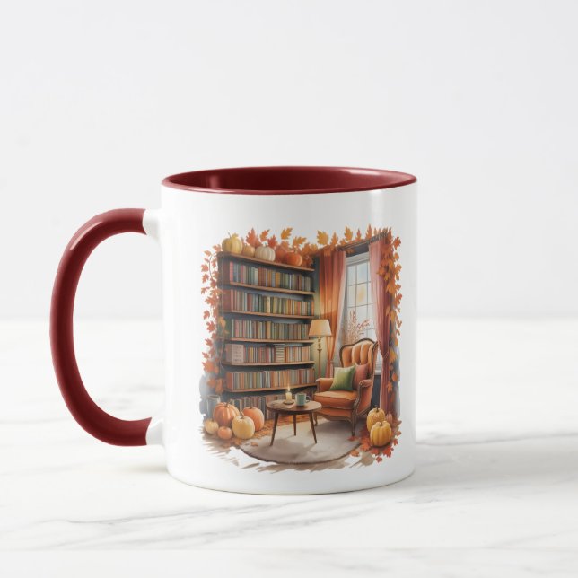 Elegantes Herbst-Bücherregal-Mug — Cozy Curtain Tasse (Links)