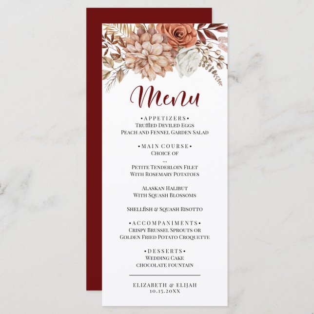 Elegantes "Herbst Burgund Floral Wedding Flat Menu Menükarte (Vorne/Hinten)