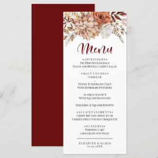 Elegantes "Herbst Burgund Floral Wedding Flat Menu Menükarte