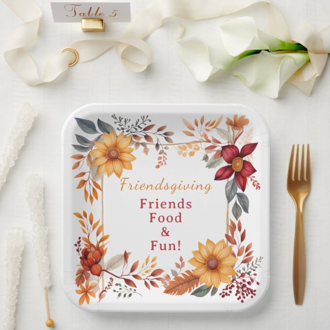 Elegantes Herbst Floral Frame Friendsgiving Abende Pappteller (Hochzeit)