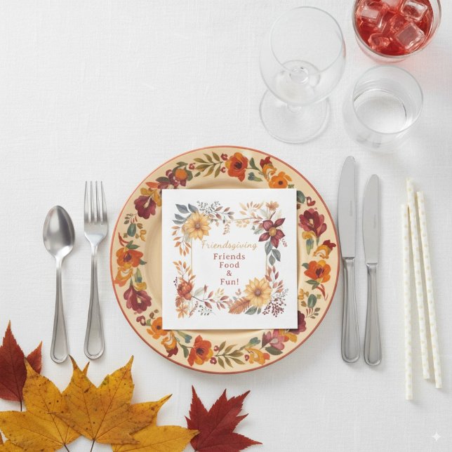 Elegantes Herbst Floral Frame Friendsgiving Abende Serviette (Von Creator hochgeladen)