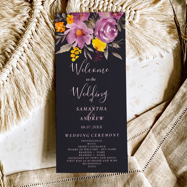 Elegantes Herbst-lila Hochzeitsprogramm Programm (Elegant fall winter purple floral wedding program on off black)