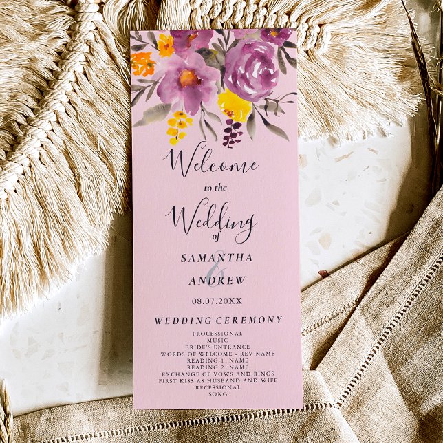 Elegantes Herbst-lila Hochzeitsprogramm Programm (Elegant fall winter purple floral wedding program on pink)