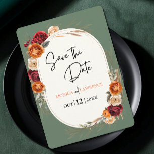 Elegantes herbstliches orange Salbei Blumenhochzei Save The Date
