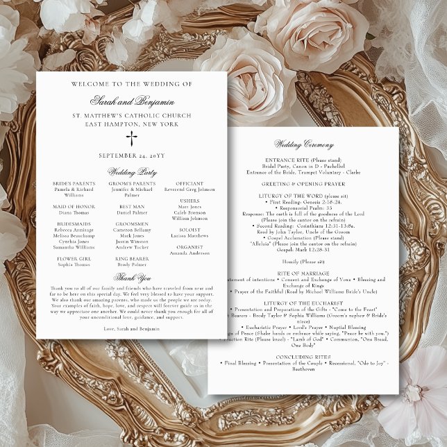 Elegantes, herunterladbares Programm für katholisc (This elegant, downloadable Catholic wedding program features the text for a full nuptial Mass.)