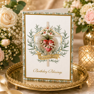 Elegantes Herz der Jungfrau Maria Kreuz Blumenkart Karte
