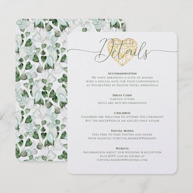 Elegantes Herz Eukalyptus Foliage Hochzeitdetails Einladung (Vorne/Hinten)