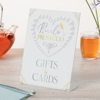 Elegantes Herz Perlen & Prosecco Gold Brautparty Sockelschild