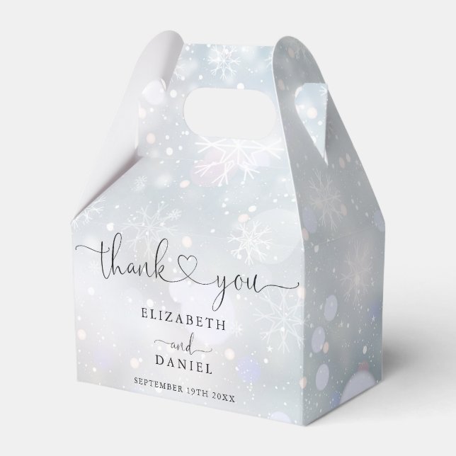 Elegantes Herz Skript Winterschneeflocken Hochzeit Geschenkschachtel (Vorderseite)