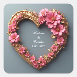 Elegantes Herzrahmen-Dekor mit rosa Rosen Quadratischer Aufkleber