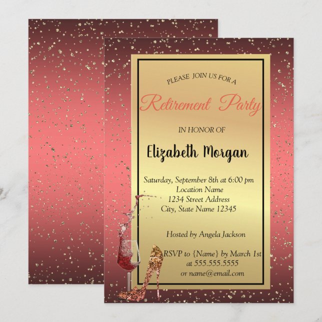 Elegantes High Heel, Rotes Party aus Weinglas Einladung (Vorne/Hinten)