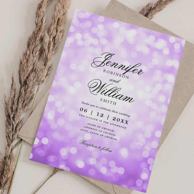 Elegantes Hochzeitlicht Vintage Lila QR-UAWG Einladung (Elegant Wedding Lights Vintage Purple QR RSVP Invitation)