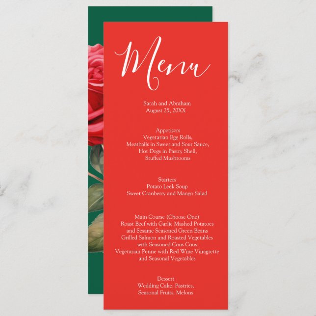 Elegantes Hochzeitmenü für Rote Rosen Menükarte (Vorne/Hinten)