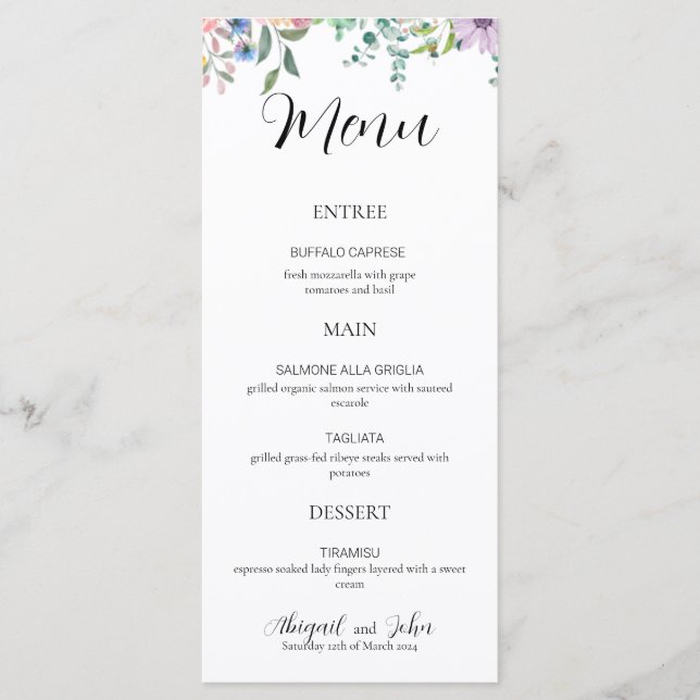 Elegantes Hochzeitmenü für Wildblumen Menükarte (Vorderseite)