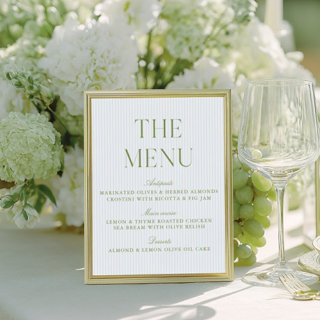 Elegantes Hochzeits-Menü-Schild in Salbeigrün und  (Elegant Sage Green & Blue Wedding Menu Sign)