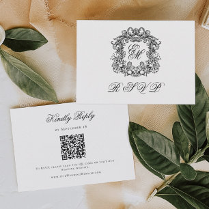Elegantes Hochzeits-QR-Code mit Monogrammwappen RSVP Karte