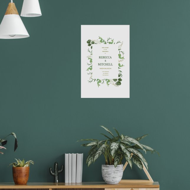 Elegantes Hochzeits-Willkommensposter mit Grünpfla Poster (Wohnzimmer 1)