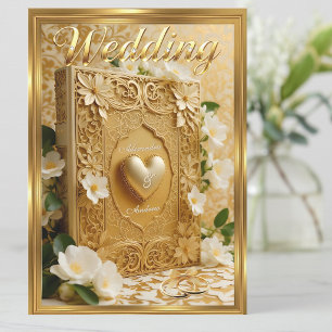Elegantes Hochzeitsbuch Gold Herz Weiße Blumen Einladung