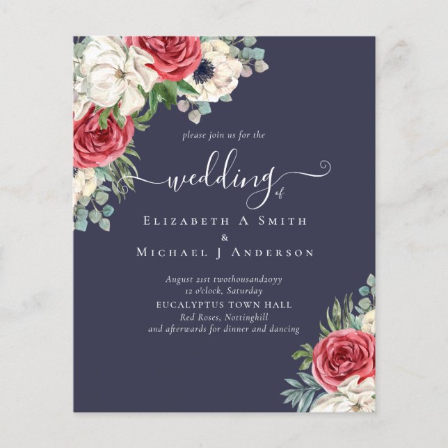 Elegantes Hochzeitsbudget Red White Blue Floral Flyer (Vorne)