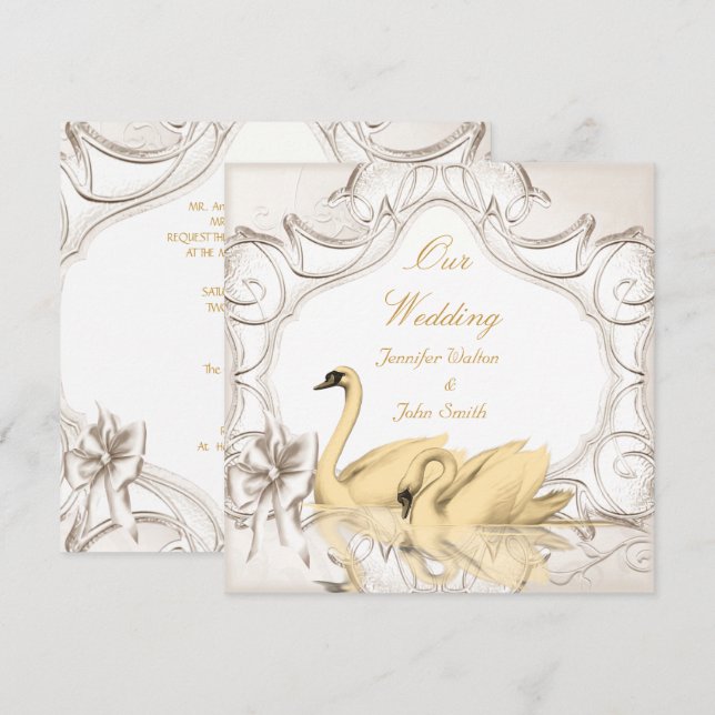 Elegantes Hochzeitscreme-Gold Weiße Schwäne Set Einladung (Vorne/Hinten)
